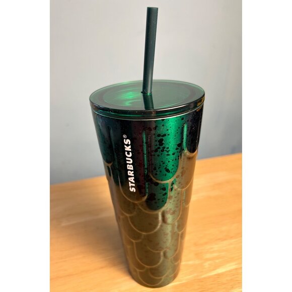 Starbucks 24 Oz Iridescent Green Mermaid Scales Tumbler With Straw NWT NEW - Picture 1 of 3